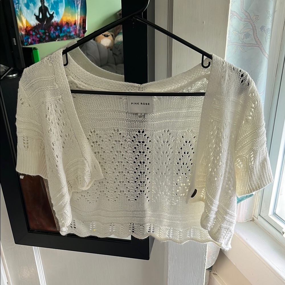 Pink Rose Ivory Knit Cropped short sleeve Sweater